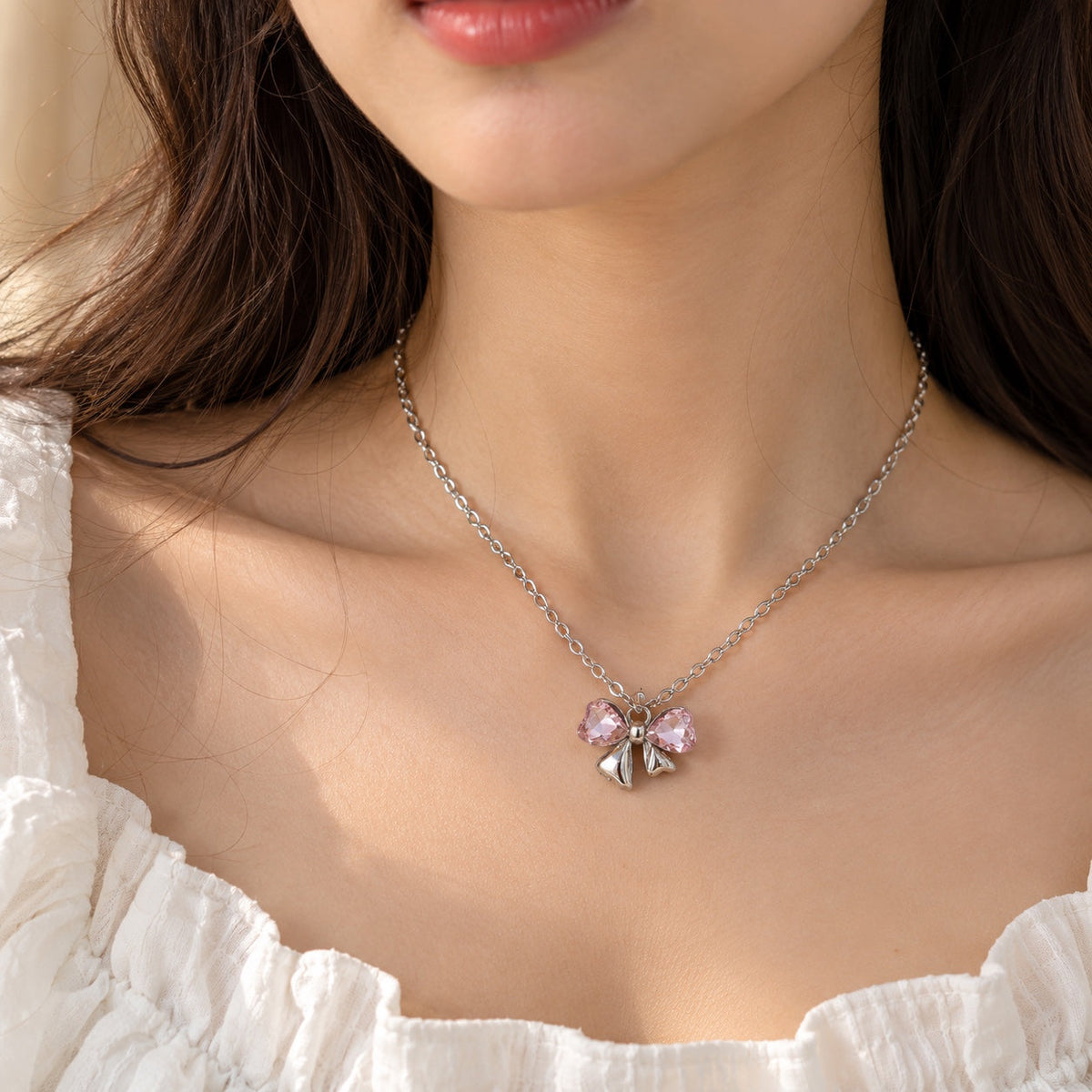 Pink Crystal Bow Pendant Necklace for Women — product photo 4