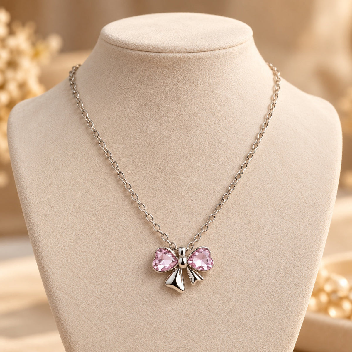 Pink Crystal Bow Pendant Necklace for Women — product photo 5