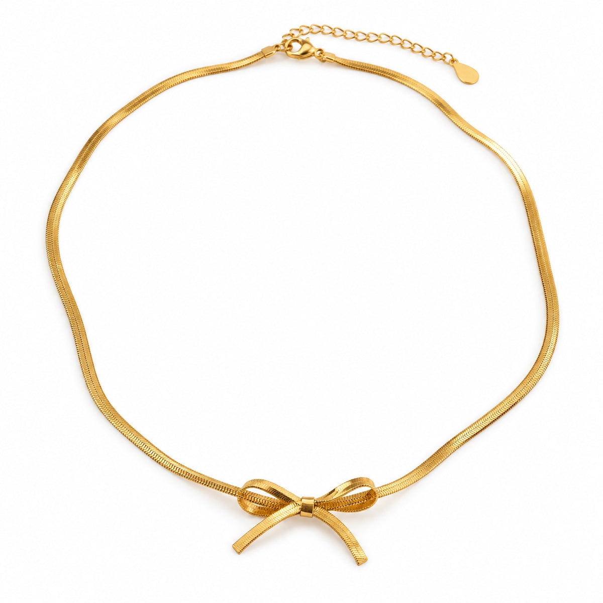 Gold plated bow pendant necklace on a clean white background