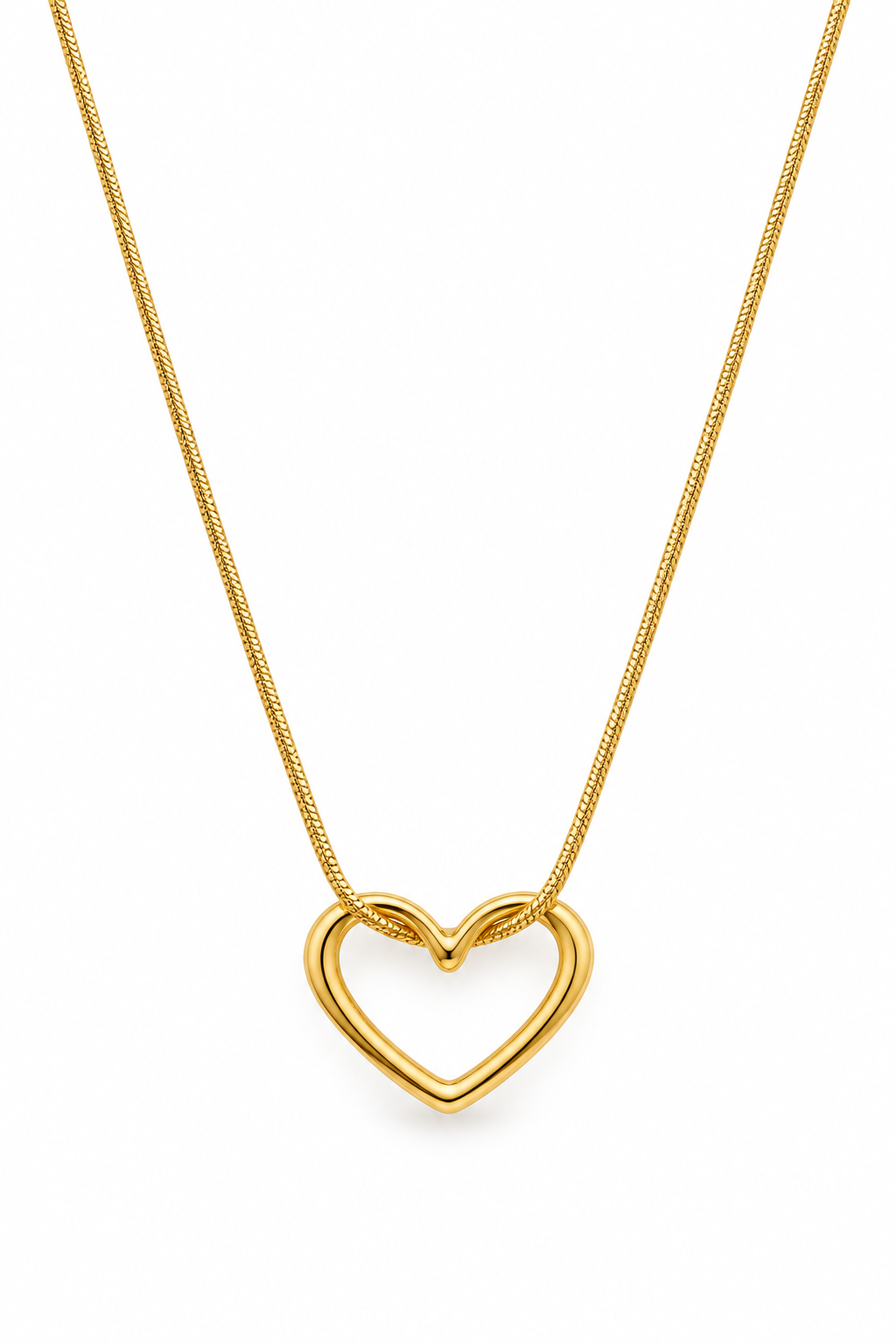 Gold-plated open heart pendant necklace on a white background