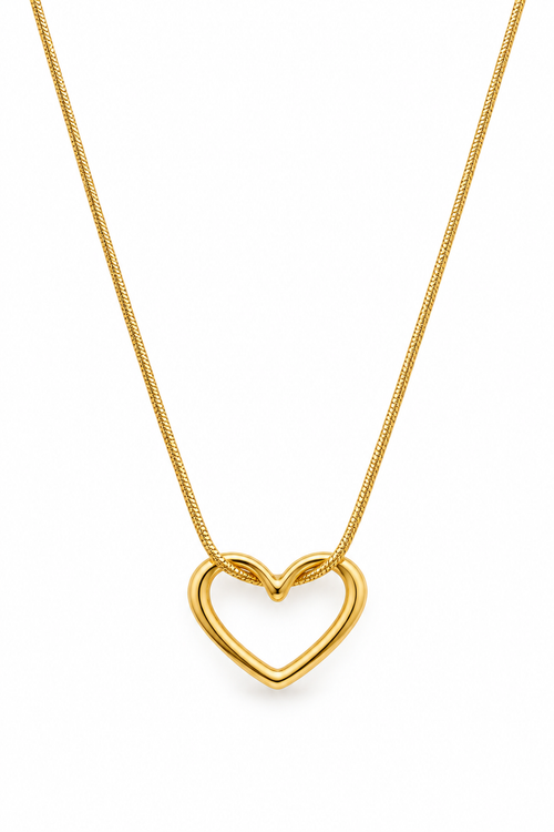 Gold-plated open heart pendant necklace on a white background