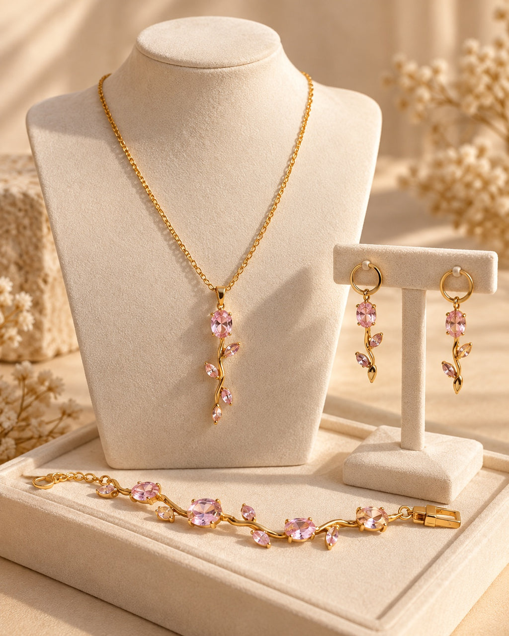 Pink floral jewellery set displayed on a cream jewellery stand