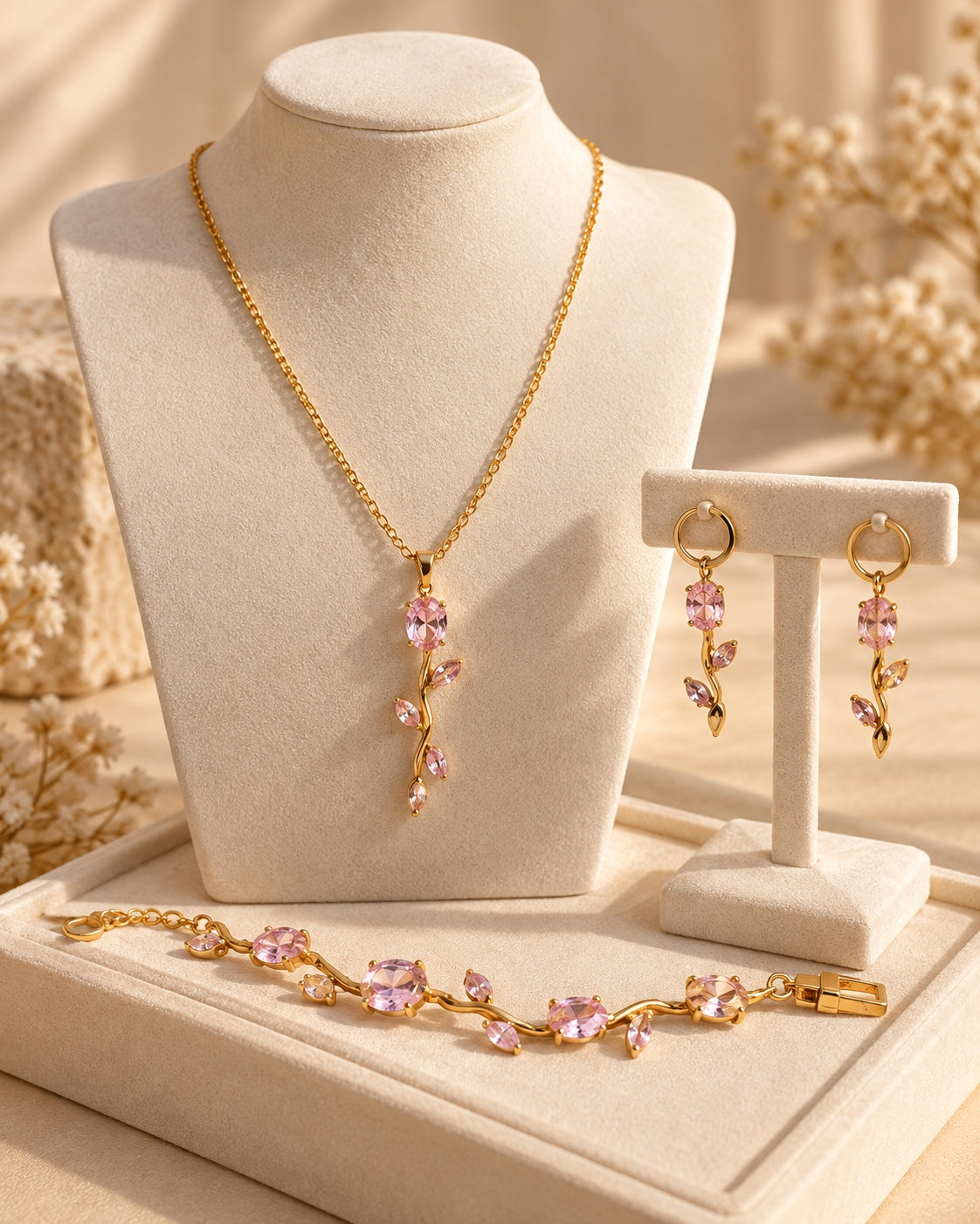 Pink floral jewellery set displayed on a cream jewellery stand