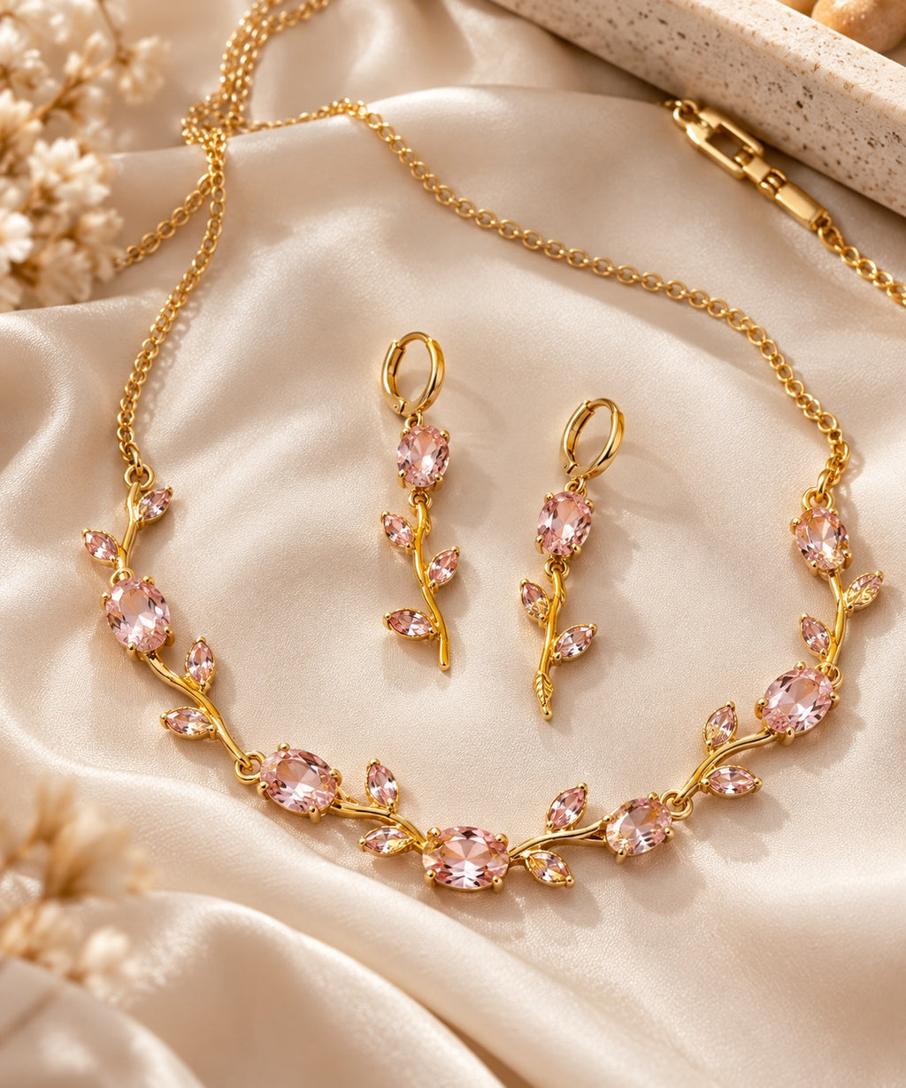 Close-up of gold-tone pink floral necklace and matching earrings