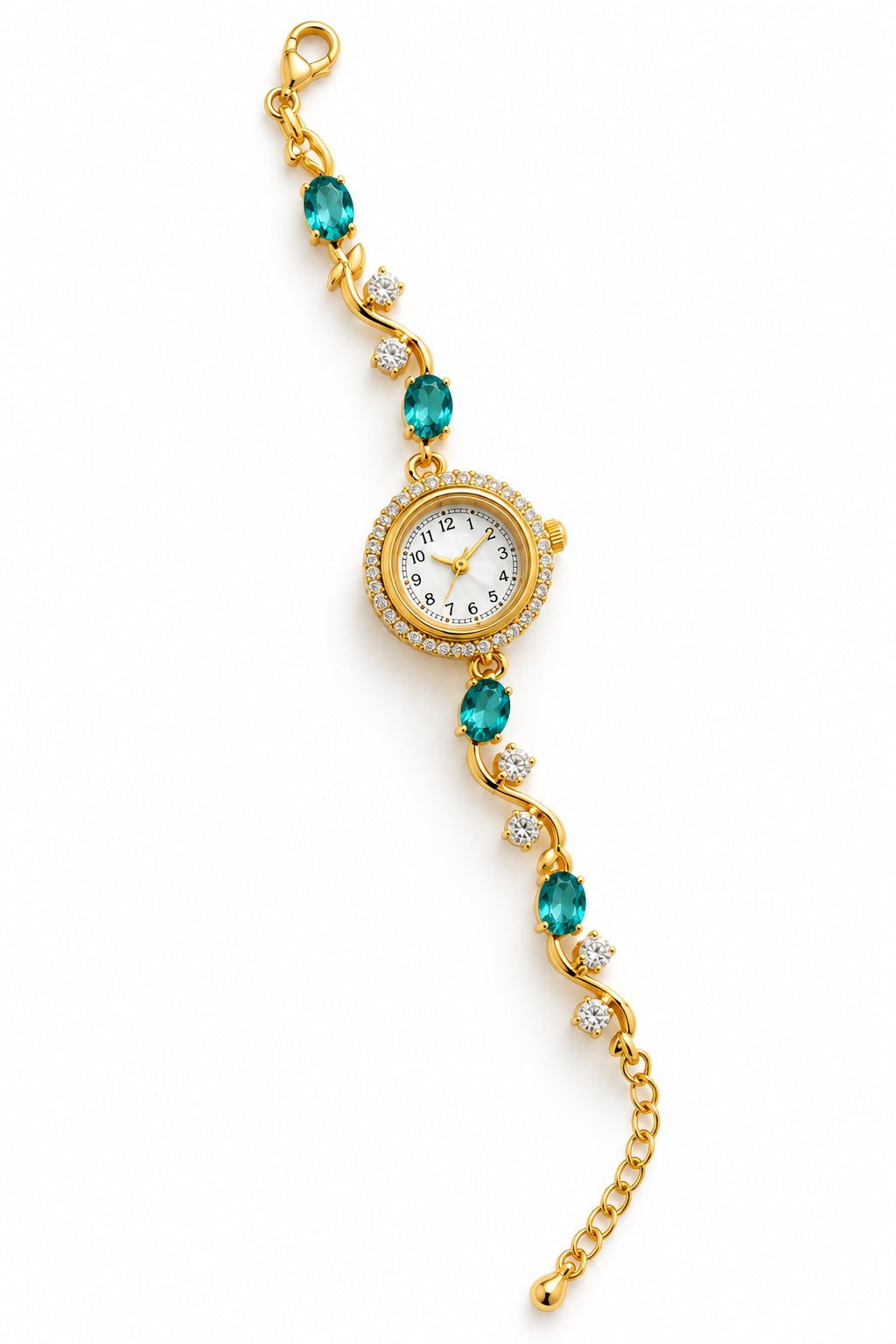 Blue crystal gold-tone floral bracelet watch for women on white background