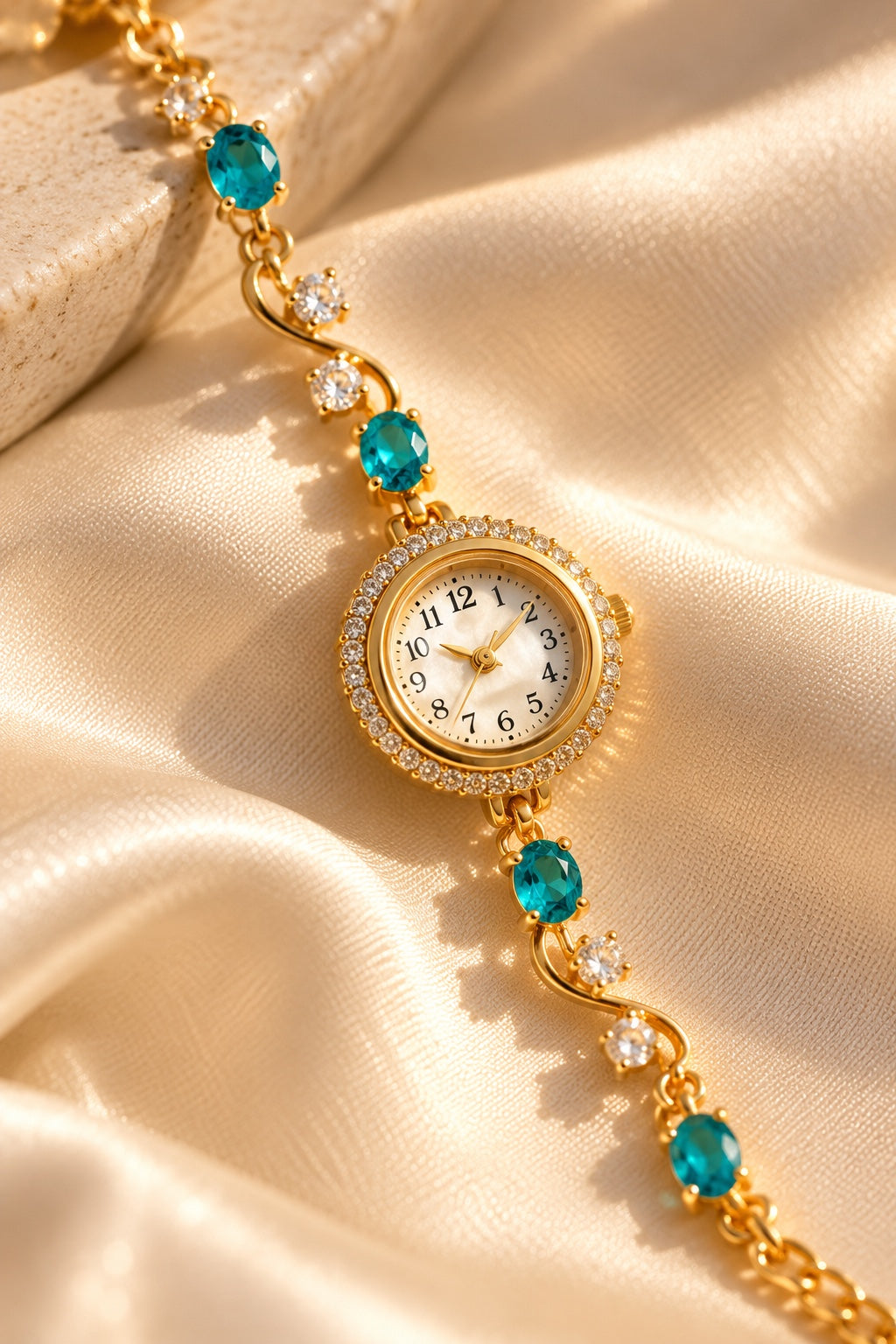 Blue crystal bracelet watch detail on golden fabric