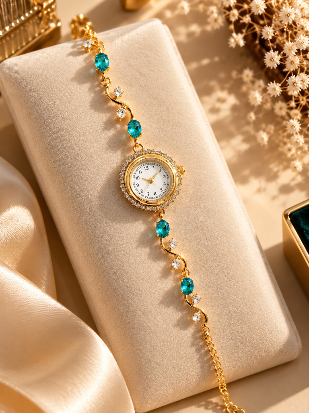 Blue floral bracelet watch displayed on cream watch stand