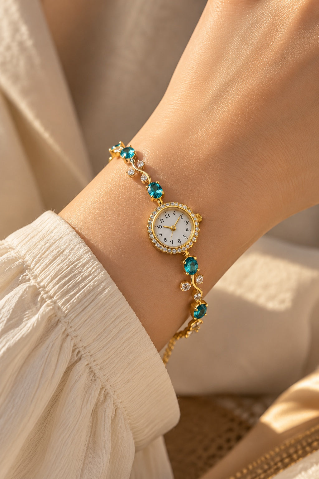 Blue crystal floral bracelet watch worn on wrist
