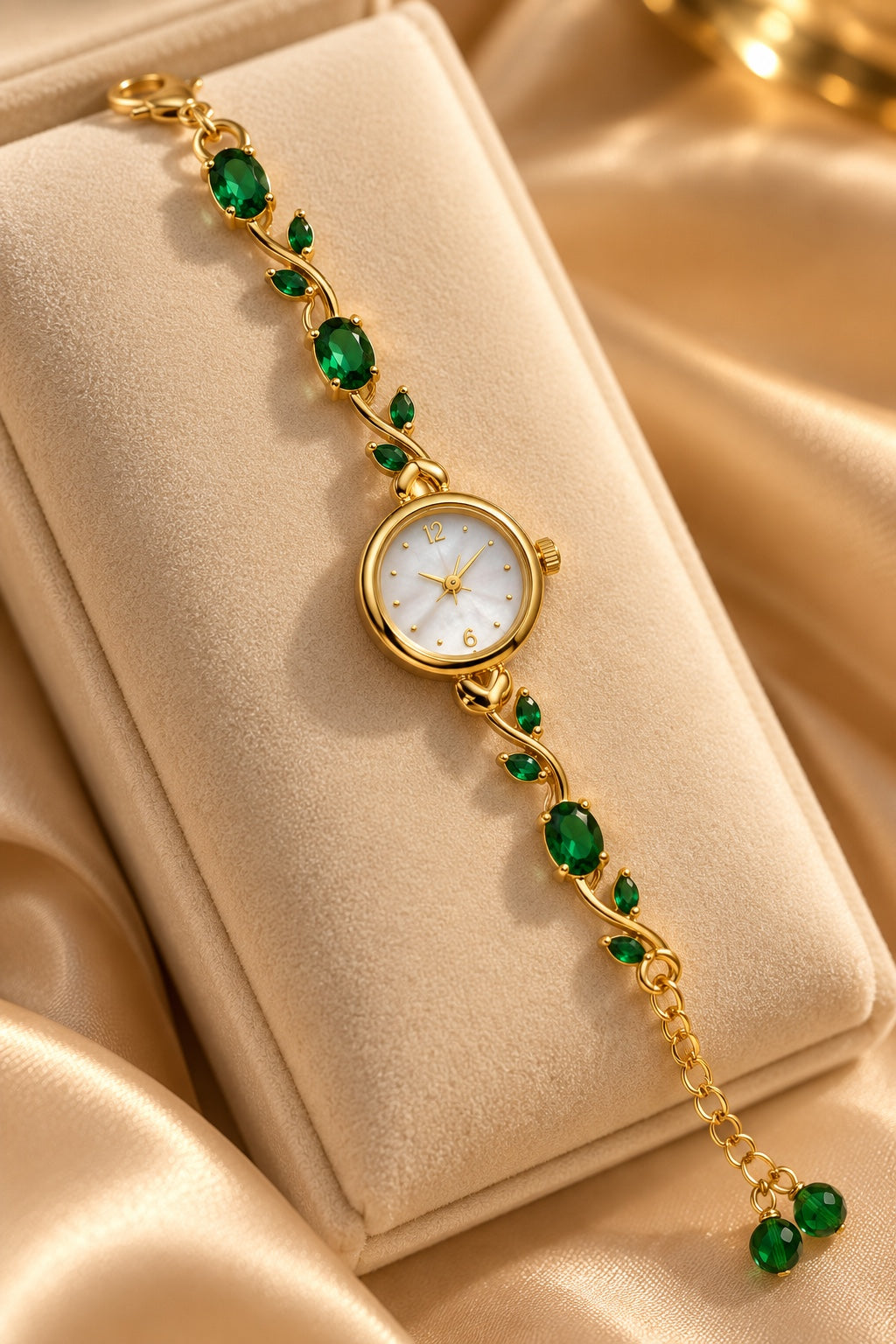 Green floral bracelet watch displayed on cream watch stand
