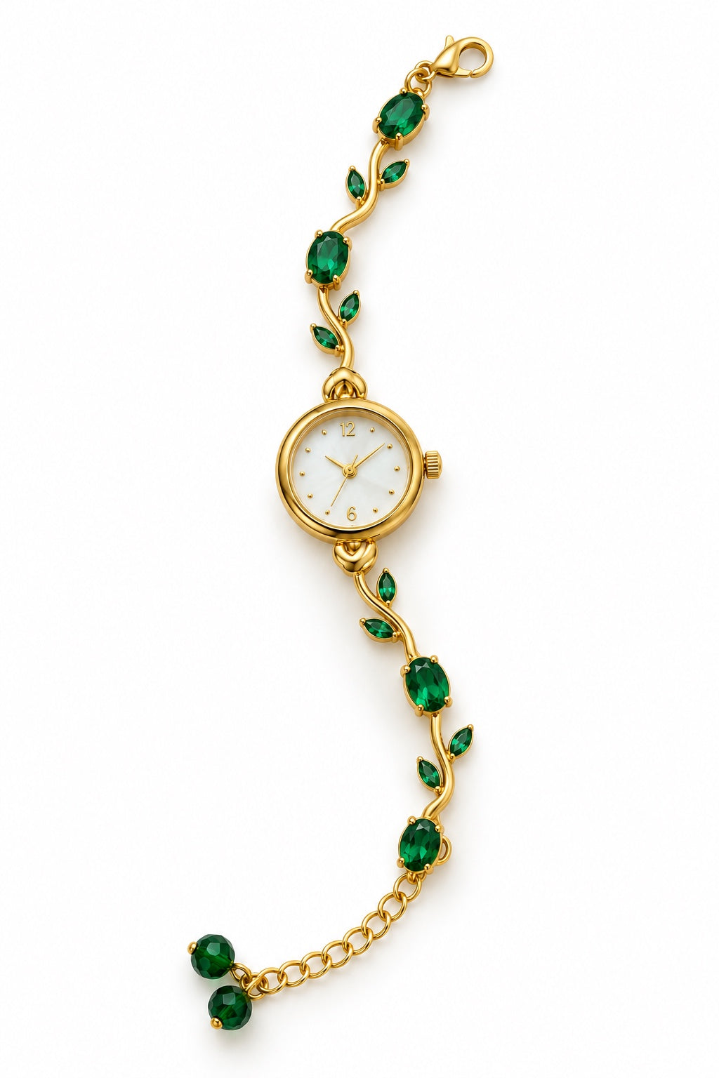 Green crystal gold-tone floral bracelet watch for women on white background