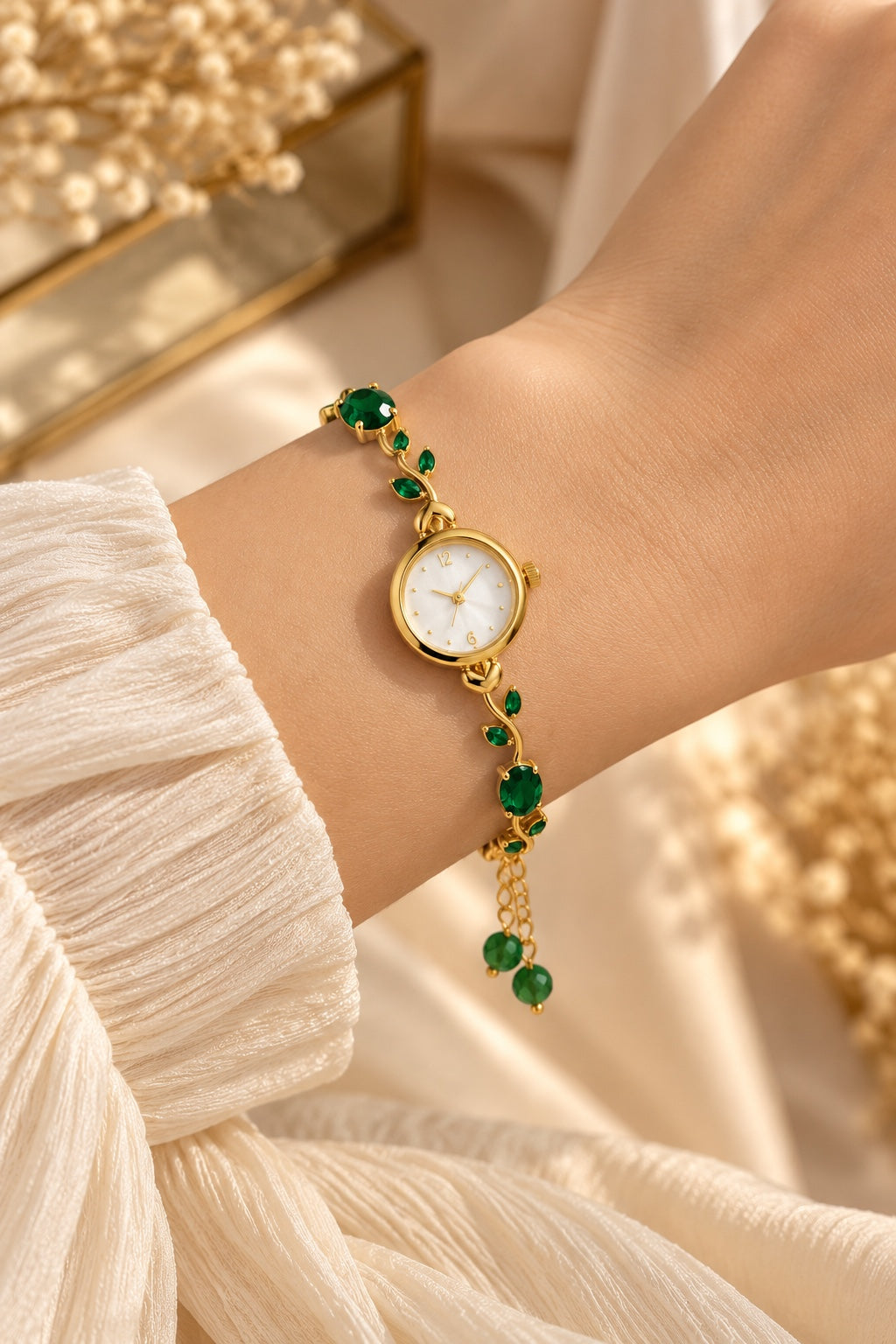 Green crystal floral bracelet watch worn on wrist
