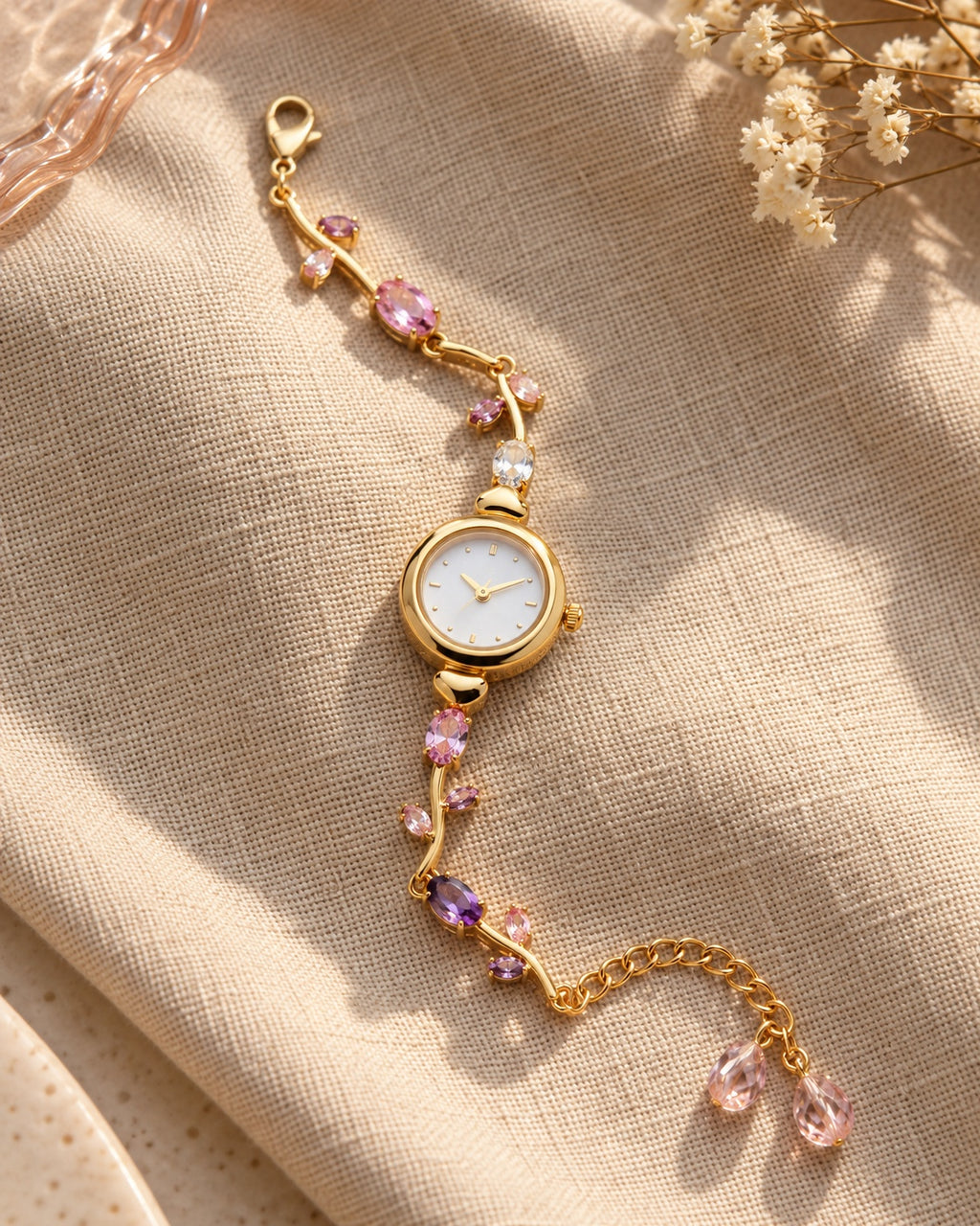 Pink crystal floral bracelet watch styled on beige fabric